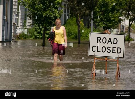 Young Woman Wading Through Flooded Streets Mohawk River Fort Plain New