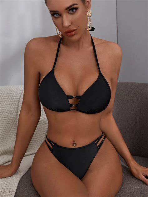 Set De Bikini Cortado Alto Top Tri Ngulo Vinculado Con Aro