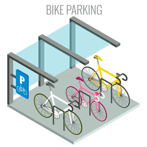 Public Bicycle Racks And Bikes Vector Isometric Illustration City Bicycle Parking Lot Concept