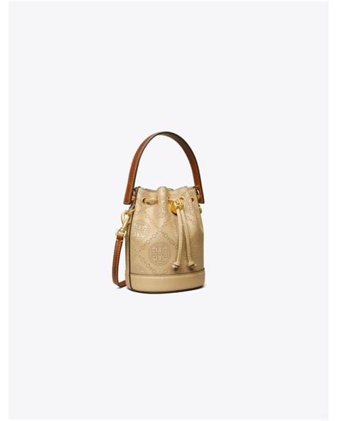 Tory Burch Mini T Monogram Perforated Leather Bucket Bag In Metallic Lyst