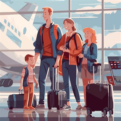 Retrato De Familia Feliz En El Estilo Simple Del Aeropuerto Vector