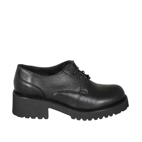 Zapato Derby Con Cordones Para Mujer En Piel Negra Tacon 4