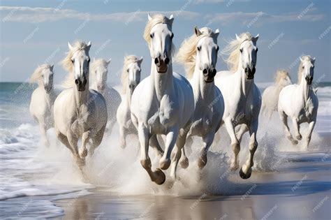 Premium AI Image | White horses galloping on the beach