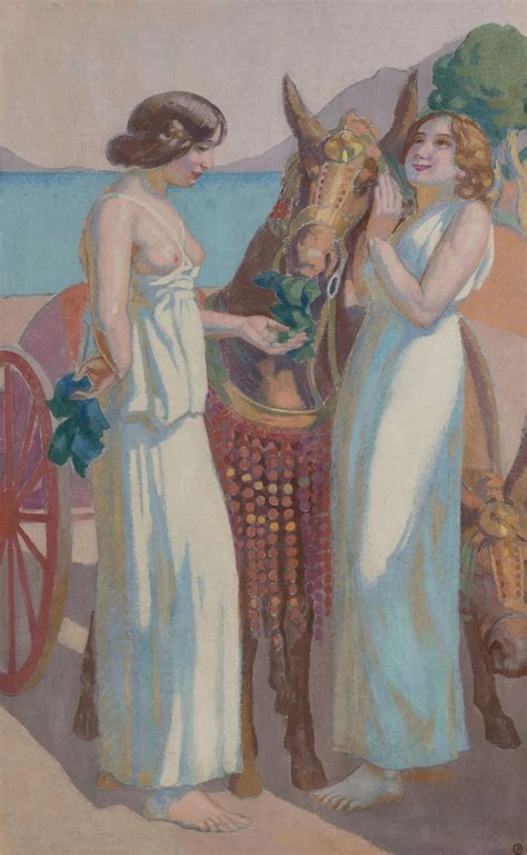 Jeux de Nausicaa deux femmes près d une mule harnachée 1914 by