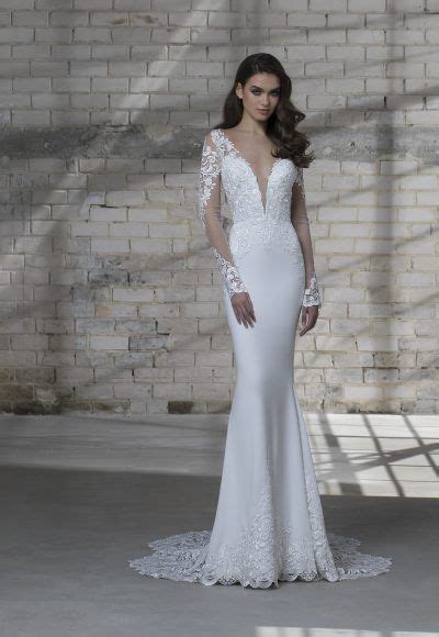 Long Sleeve Illusion Sheath V Neck Wedding Dress With Detachable Tulle