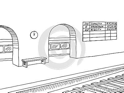 Railway Station Platform Train Graphic Black White Sketch Illustration