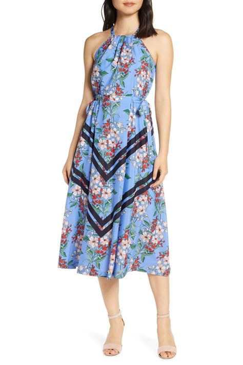 Vince Camuto Halter Neck Fit And Flare Midi Dress In Blue Lyst