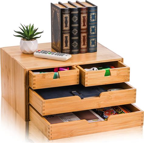 DEAYOU Bamboo Desk Organizer Bamboo Storage Cabinet Box With 4 Drawers