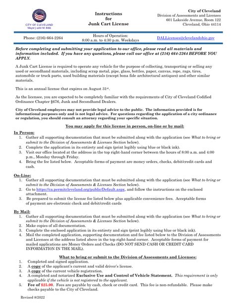 City Of Cleveland Ohio Junk Cart License Application Fill Out Sign