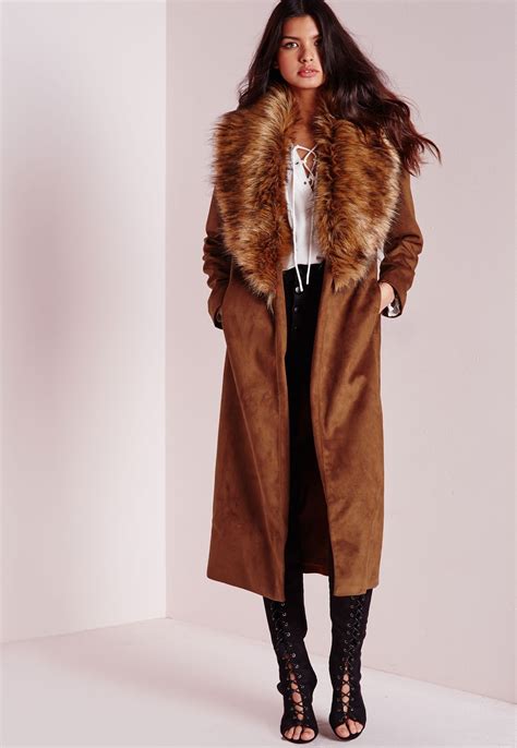 Missguided Faux Suede Oversized Coat With Fur Collar Tan Stylish