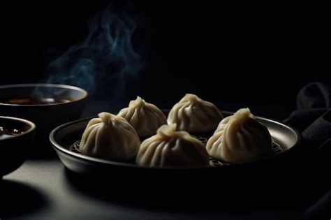 Premium AI Image | Xiaolongbao Soup Dumplings On Black Plate Generative AI