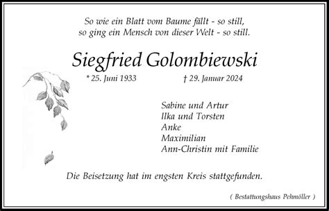 Traueranzeigen Von Siegfried Golombiewski Trauer L Neburg De