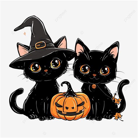 Cute Cartoon Kawaii Black Witch Cats Wearing Witch Hat And Pumpkin Cats