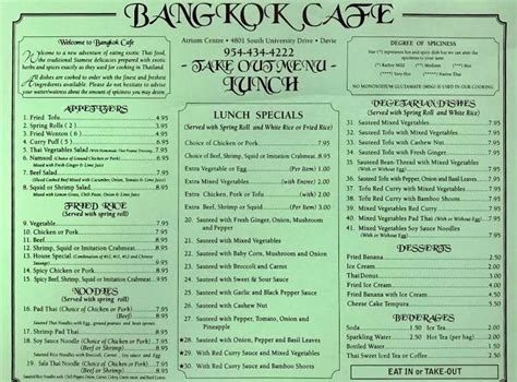 Menu at Bangkok Cafe, Davie