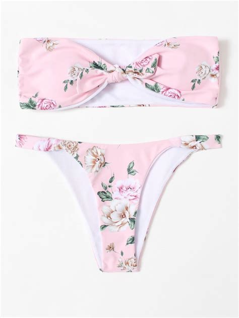 Shop Flower Print Knot Bandeau Bikini Set Online Shein Offers Flower