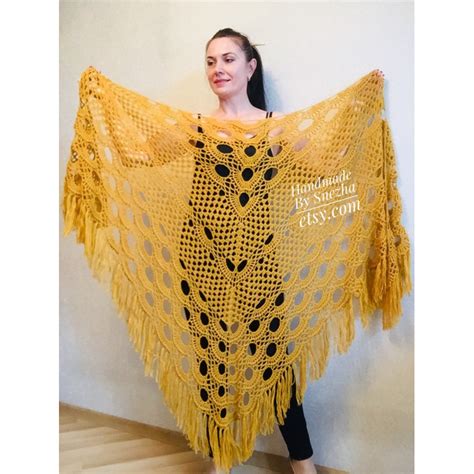 Mustard Colors Crochet Granny Shawl Large Mohair Triangle Big Size