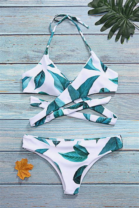 Iyasson Cross Green Leaves Printing Bikini Set