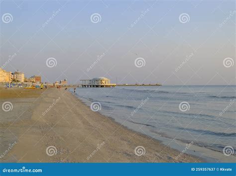 View of the Beach in Senigallia, Italy, Rotonda a Mare, Pier at Sunrise. Landscape in the ...