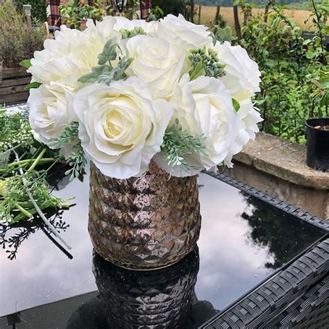 Beautiful Arrangement In Rose Gold Vase With Roses And Foliage Really