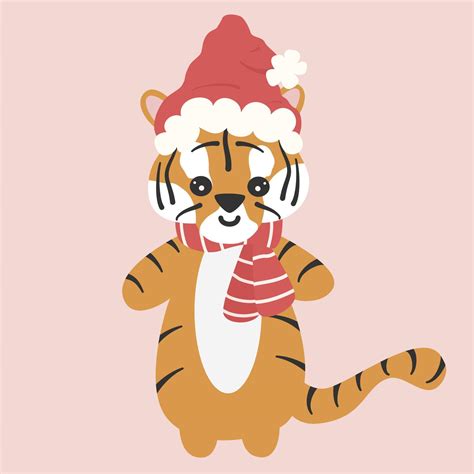 Cute Cartoon Adorable Hand Drawn Character Baby Tiger With Santa Claus