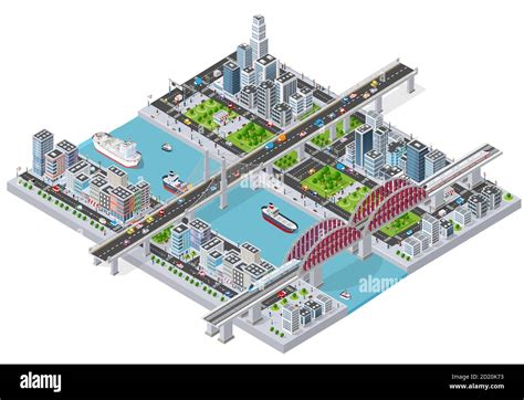 Isometric 3D Illustration City With River Embankment With Stock Vector