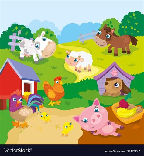 Vector illustration of farm animals - horse, sheep, cow, rooster, pig ...