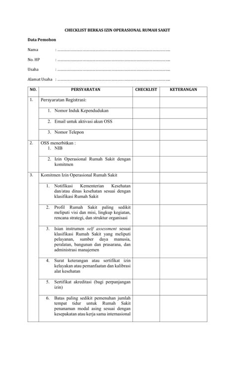 Checklist Berkas Izin Operasional Rumah Sakit