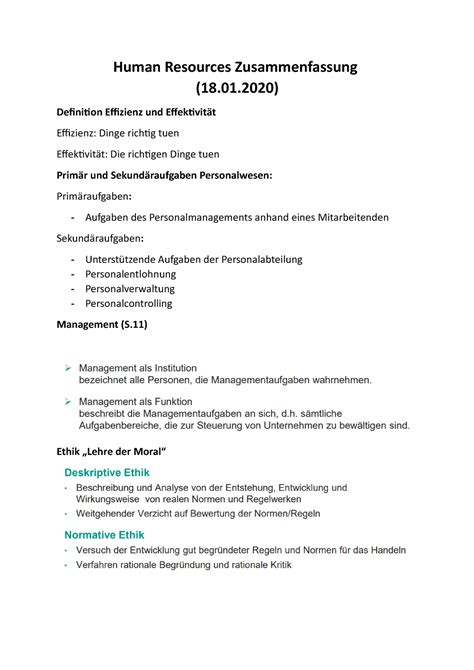 Zusammenfassung HR Human Resources Zusammenfassung 18 01 Definition