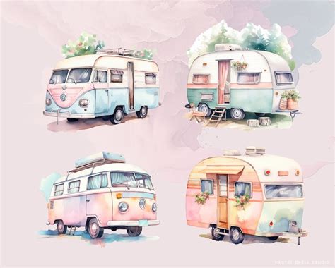 Retro Camper Png, Camper Clipart, Cute Pastel Watercolor Illustrations ...