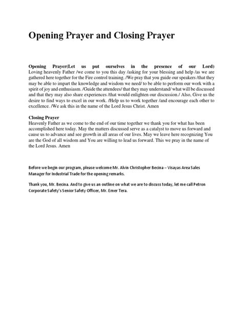 Opening Prayer And Closing Prayer Pdf God The Father Prayer