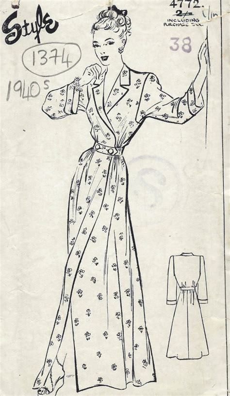 1940s WW2 Vintage Sewing Pattern B38in HOUSE COAT DRESSING GOWN 1374