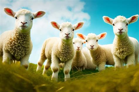 Herd Of Sheep Standing On Top Of Lush Green Field Under Blue Sky