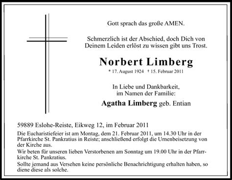 Traueranzeigen Von Norbert Limberg Trauer In Nrw De