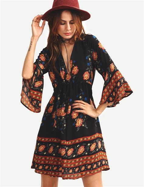 2016 Boho Fashion Dress Women Evening Party Loose Dresses V Neck Sexy Mini Dress Bohemian Hippie