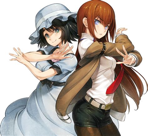 Huke Makise Kurisu Shiina Mayuri Steinsgate Highres 2girls Belt Black Hair Blue Eyes