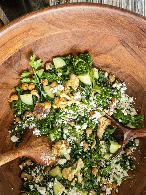 Roasted Cauliflower Kale Salad With Tahini Dressing Thyme To Zest