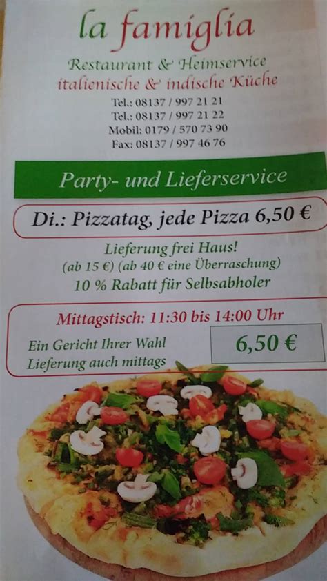 Speisekarte Von La Famiglia Pizzeria Petershausen Petershausen