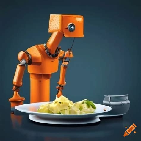 Two Orange Industrial Robots Working On A Plate With Schnitzel And