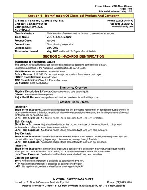 Claire Voc Glass Cleaner Msds Exp May 2015pdf