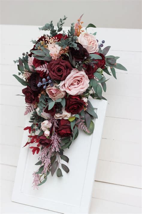 Cascading Bouquet Burgundy Wedding Pink Peonies Red Roses Etsy