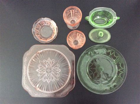 Lot Depression Glass Green Pinksugar Bowl 2 Goblets Plate Short Cake