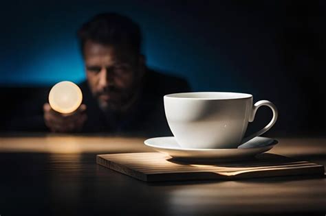 Premium Ai Image A Man Is Looking At A Cup Of Coffee And A Book On A Table