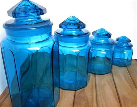 Set Of 4 Vintage Blue Glass Canisters Etsy