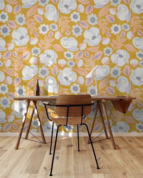 Yellow White Floral Wallpaper Removable Wallpaper Peel and - Etsy