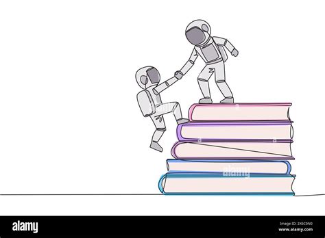 Single One Line Drawing Astronaut Help Partner Climb Pile Of Books