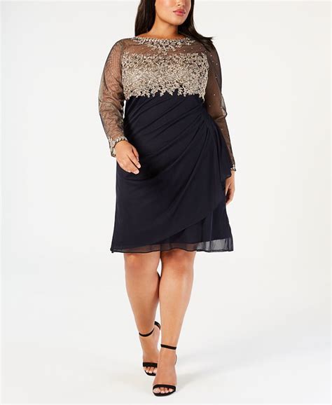 Xscape Plus Size Embroidered Ruched Illusion Dress Macys