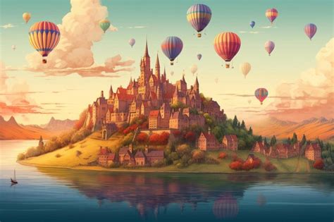 Una Pintura De Un Castillo Con Globos Flotando En El Agua Foto Premium