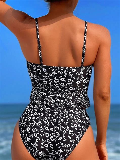 SHEIN Swim Vcay Ditsy Floral Print Ruffle Hem High Waisted Bikini