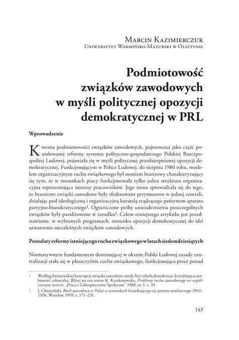 Pdf Podmiotowo Zwi Zk W Zawodowych W My Li Politycznej Opozycji