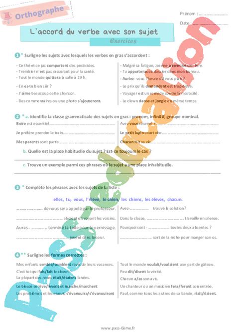 Laccord Du Verbe Avec Son Sujet Exercices D Orthographe Pour La Me